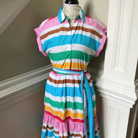 NWT JCrew Midi Stripe Shirt Dress Womens 00 Pink Blue Rainbow Short Sleeve NEW - Picture 6 of 12